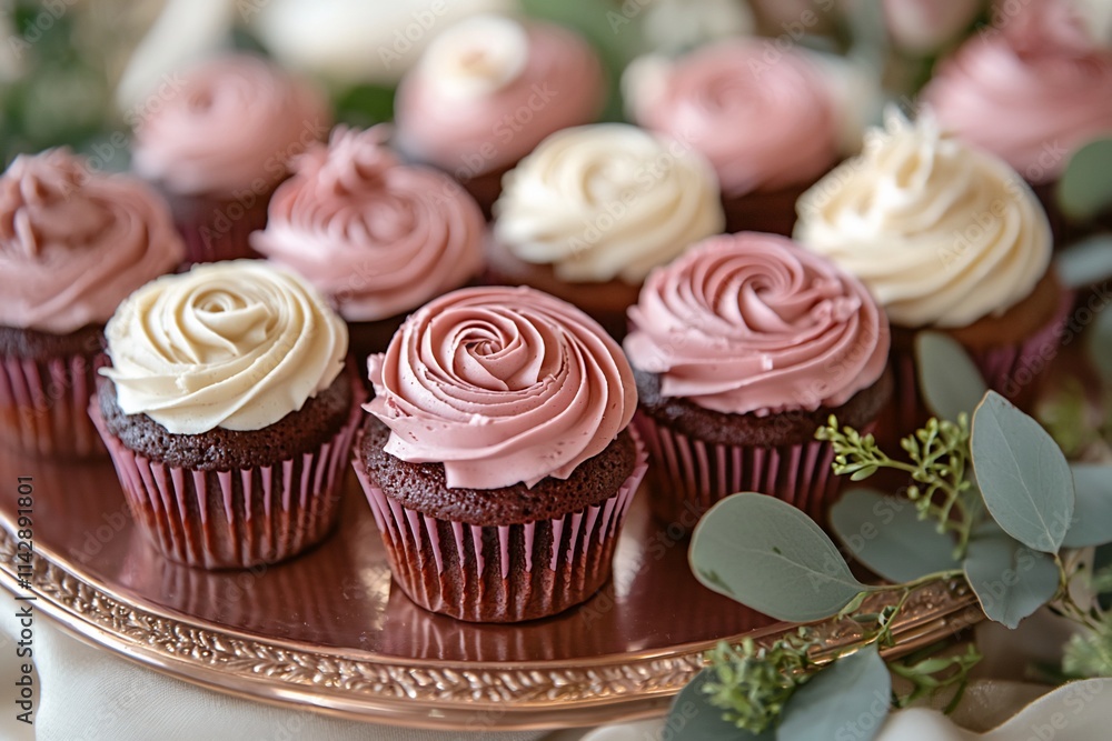 Delicious rose swirl cupcakes on a copper tray. Delicious rose swirl cupcakes on a copper tray.