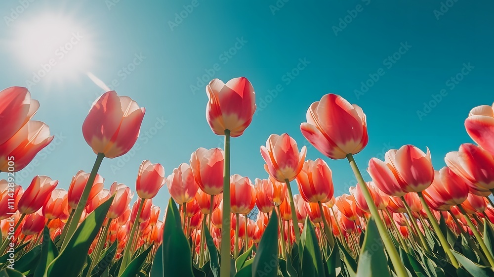 Fototapeta premium Vivid Pink Tulips Bask In Bright Sunlight