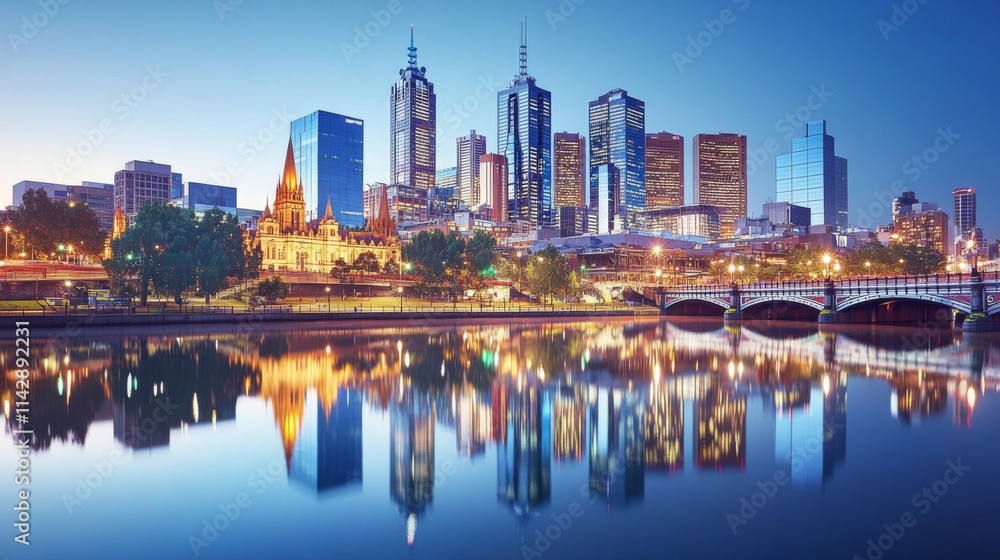 Serene Lake Reflection at Dawn with Cityscape Serene Lake Reflection at Dawn with Cityscape