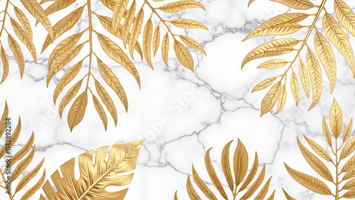 Elegant gold leaves on white marble background