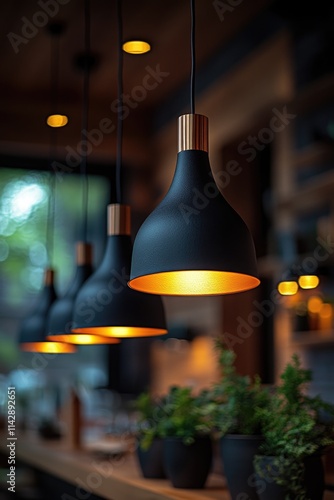 Three black lamps hang above a restaurant counter photo