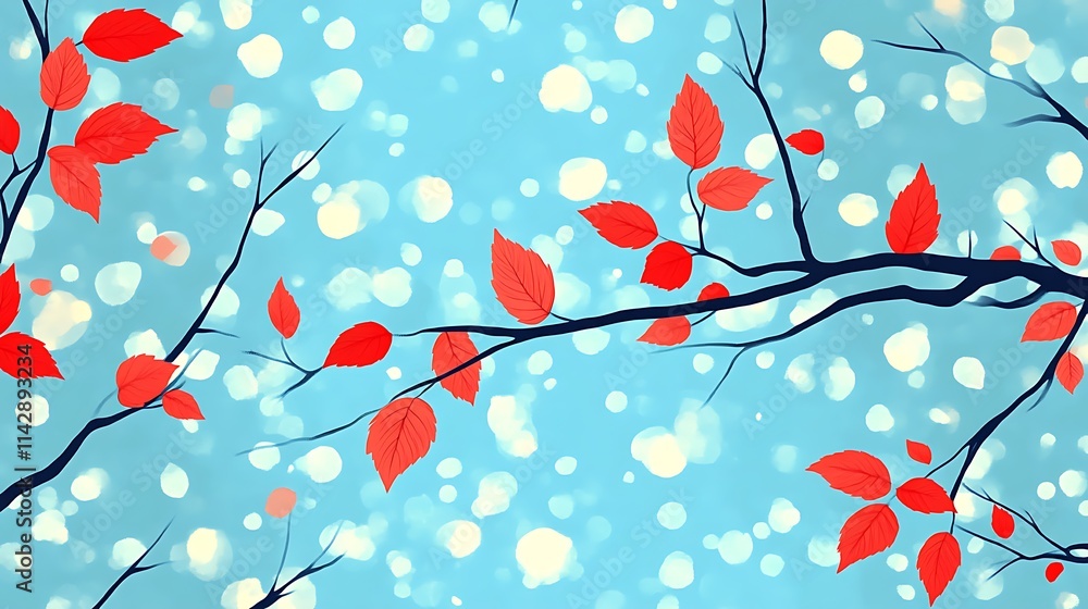 Red leaves on branches against a light blue sky Red leaves on branches against a light blue sky