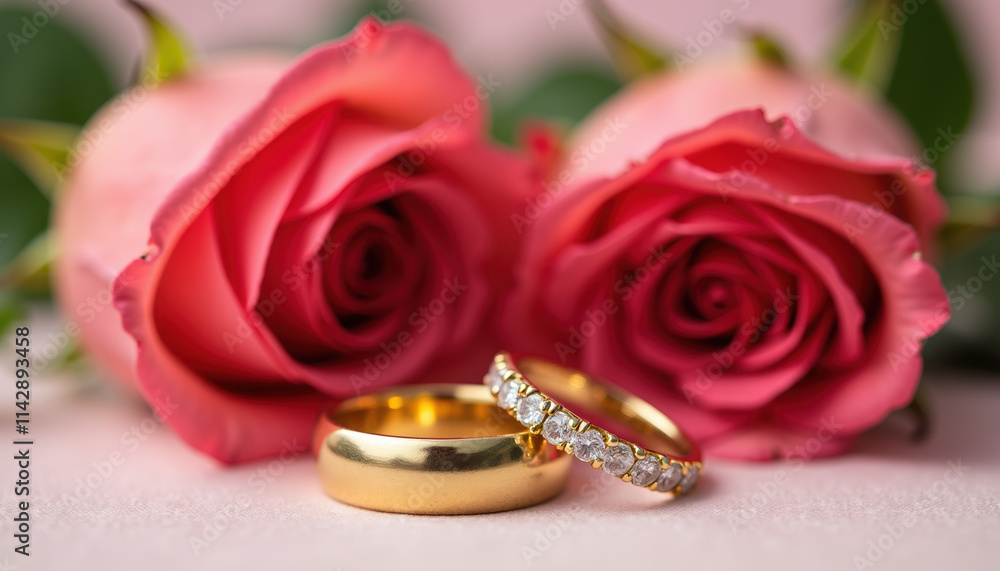 Close up of lovely light pink roses with two gold wedding rings, elegantly symbolizing the joy of love and commitment. Close up of lovely light pink roses with two gold wedding rings, elegantly symbolizing the joy of love and commitment.