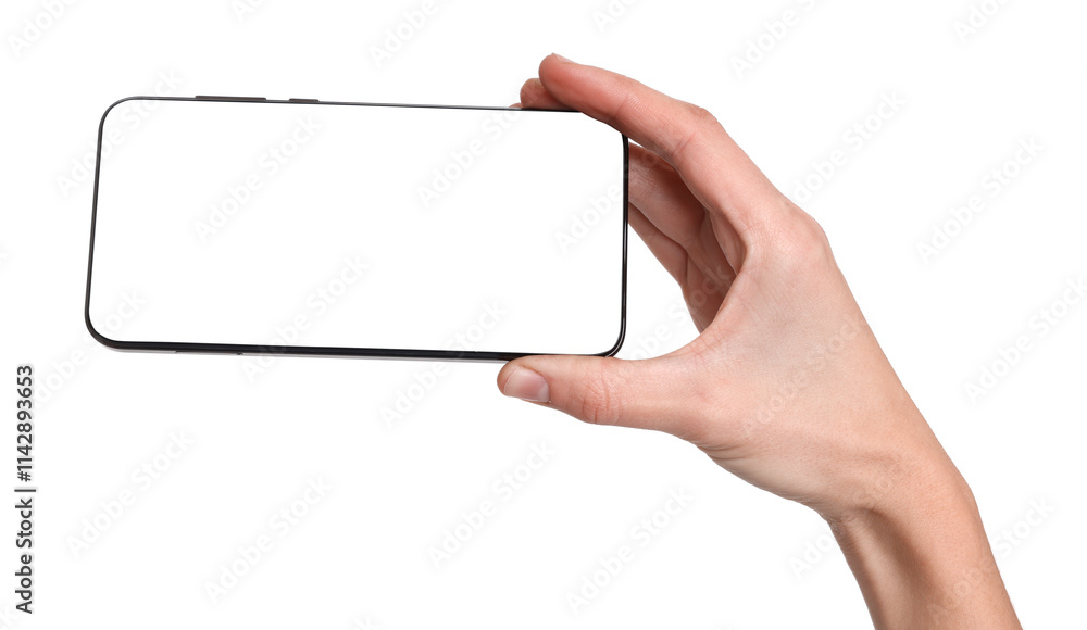 Woman with modern smartphone on white background, closeup Woman with modern smartphone on white background, closeup