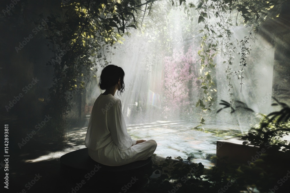 A person sitting on a bench in front of a waterfall, possibly taking in the scenery A person sitting on a bench in front of a waterfall, possibly taking in the scenery