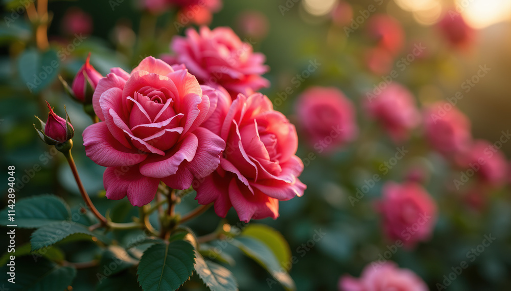 Close up of a striking magenta rose bush, with intricate petals and vibrant greenery surrounding it, creating a captivating garden scene full of beauty and tranquility. Close up of a striking magenta rose bush, with intricate petals and vibrant greenery surrounding it, creating a captivating garden scene full of beauty and tranquility.