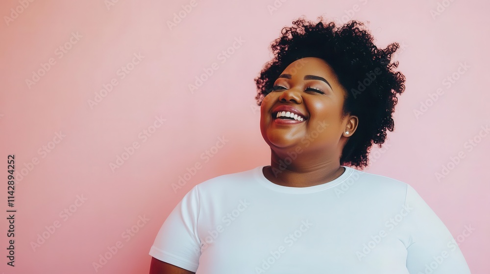 mockup featuring a plus-size black woman smiling brightly in a blank white t-shirt against a pastel pink background, celebrating body positivity and self-confidence mockup featuring a plus-size black woman smiling brightly in a blank white t-shirt against a pastel pink background, celebrating body positivity and self-confidence