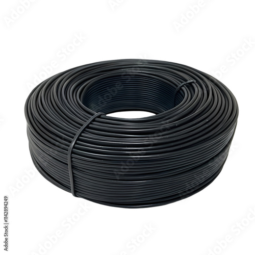 Close-up of a coiled black electrical cable on a black background.