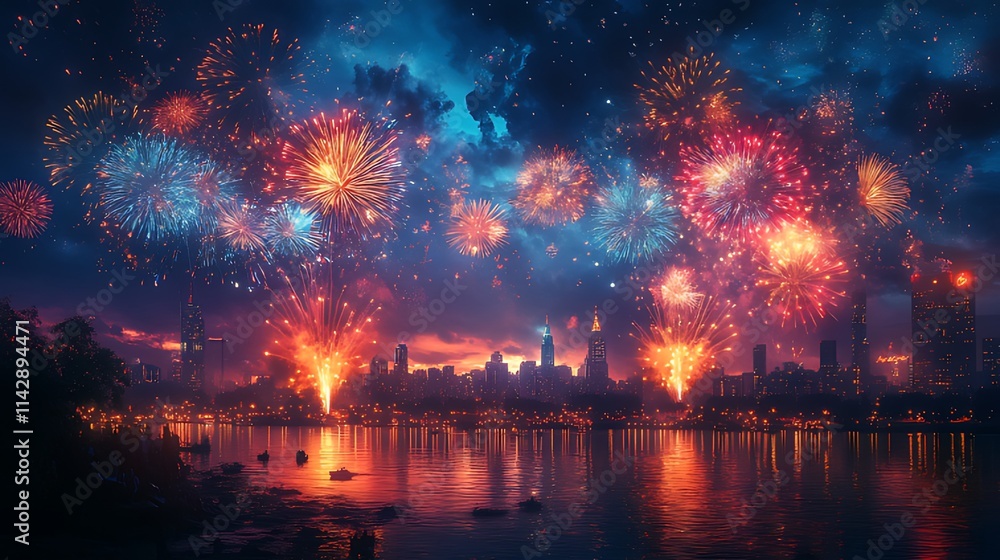 Fototapeta premium Vibrant fireworks display over a cityscape at night, reflected in calm water.
