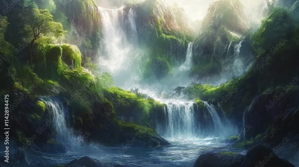 Serene Waterfall Scene with Lush Greenery and Light Serene Waterfall Scene with Lush Greenery and Light