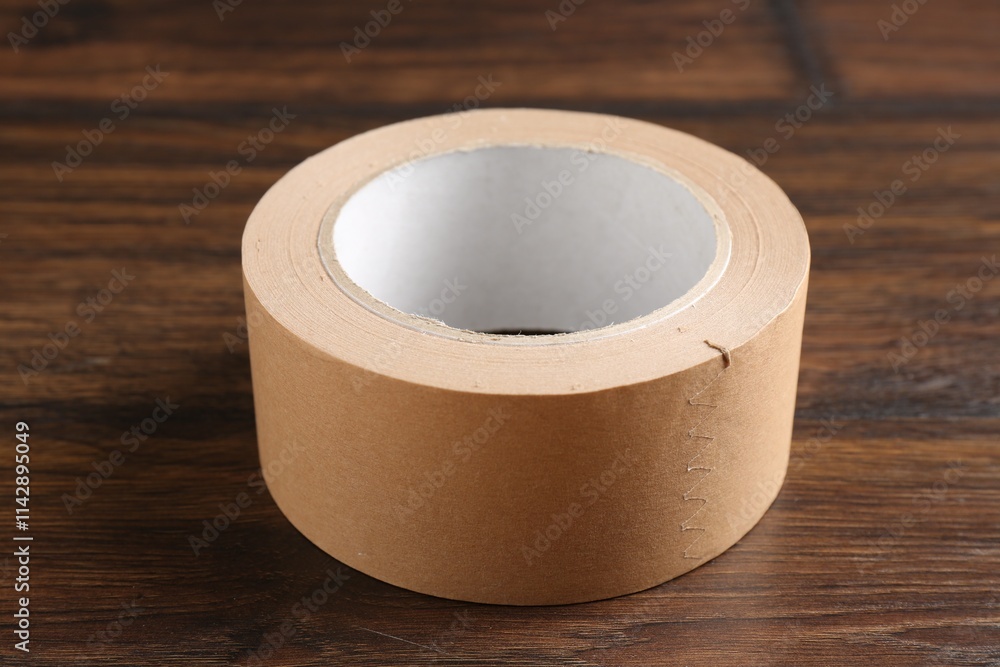 One masking tape on wooden table, closeup One masking tape on wooden table, closeup