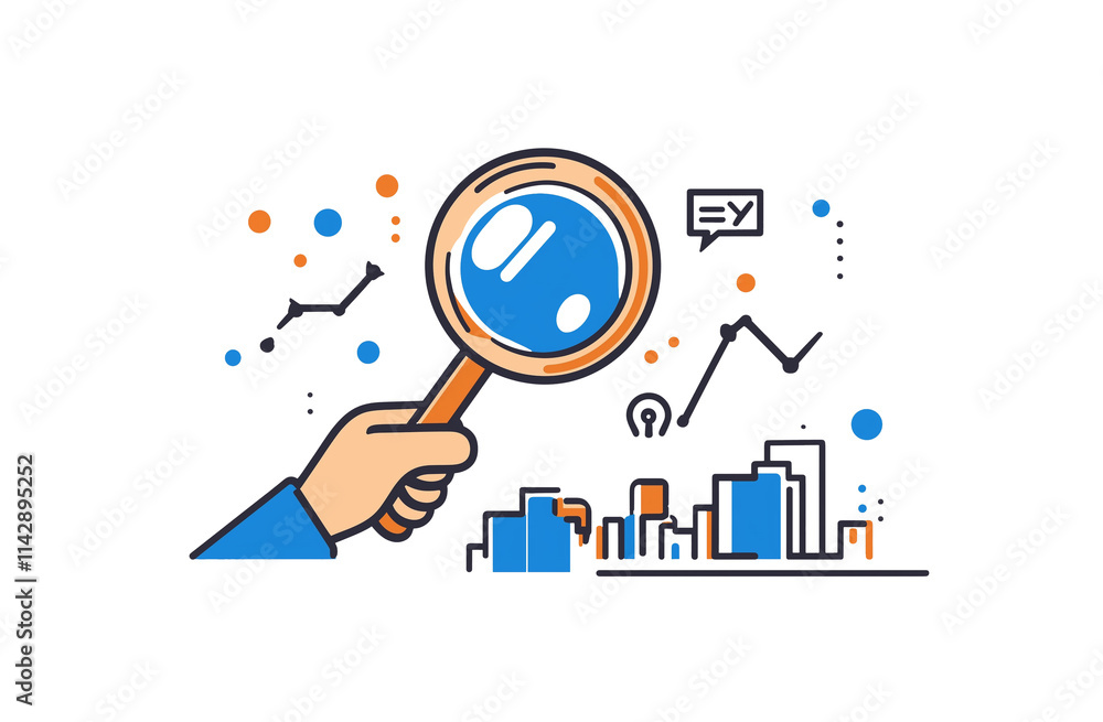 Business analysis with magnifying glass, data visualization, financial growth trends, and city skyline. A linear design featuring charts, statistics, and financial icons in a modern flat style