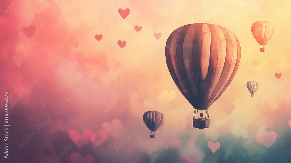 Obraz premium Hot air balloons in a sunset sky with heart-shaped clouds