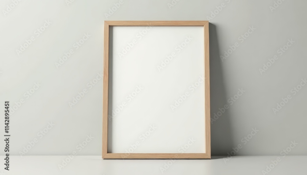 Digital Frame Mockup. Empty wooden frame on light gray wall with copy space Digital Frame Mockup. Empty wooden frame on light gray wall with copy space
