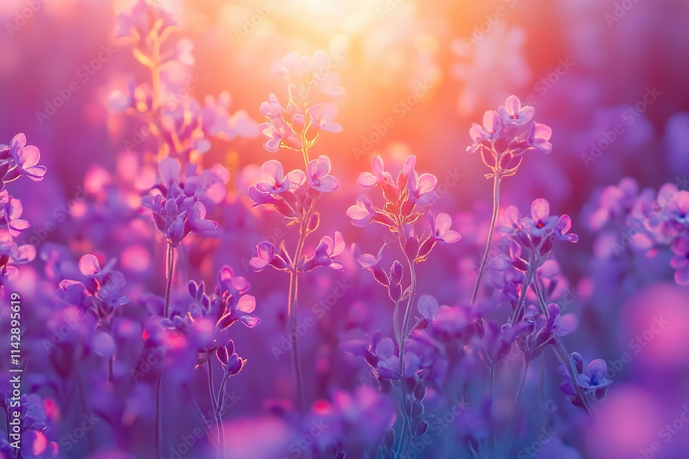 Naklejka premium A field of purple flowers with a bright sun in the background