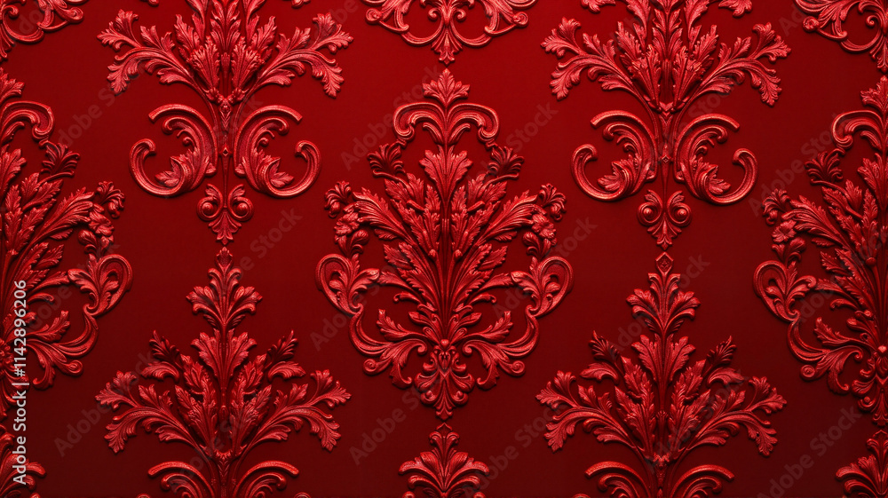 Luxurious red baroque wallpaper with intricate ornamental patterns Luxurious red baroque wallpaper with intricate ornamental patterns