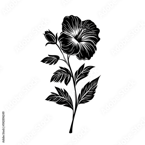 White hibiscus flower line art on black background.