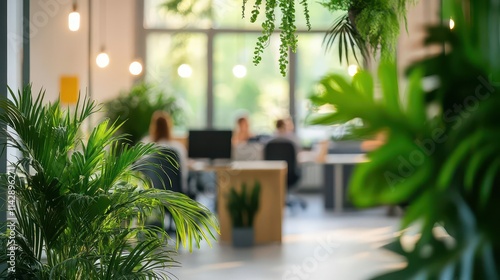 modern workspace with natural light and biophilic design elements, enhancing focus and creativity, featuring lush indoor plants and airy architecture photo