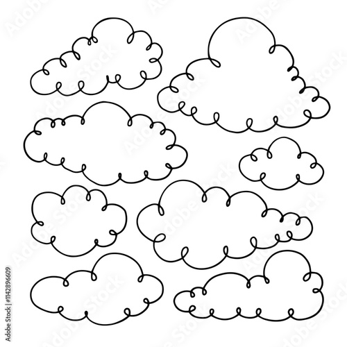 A set of linear sketches, cloud contours. Vector graphics.