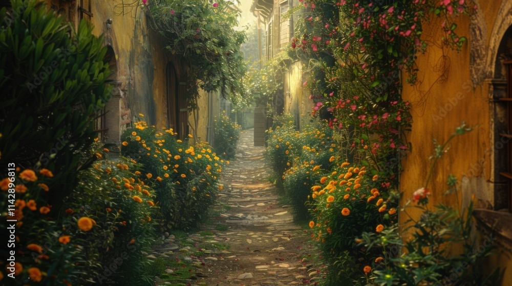A stroll down a narrow path surrounded by flowers and greenery. A stroll down a narrow path surrounded by flowers and greenery.