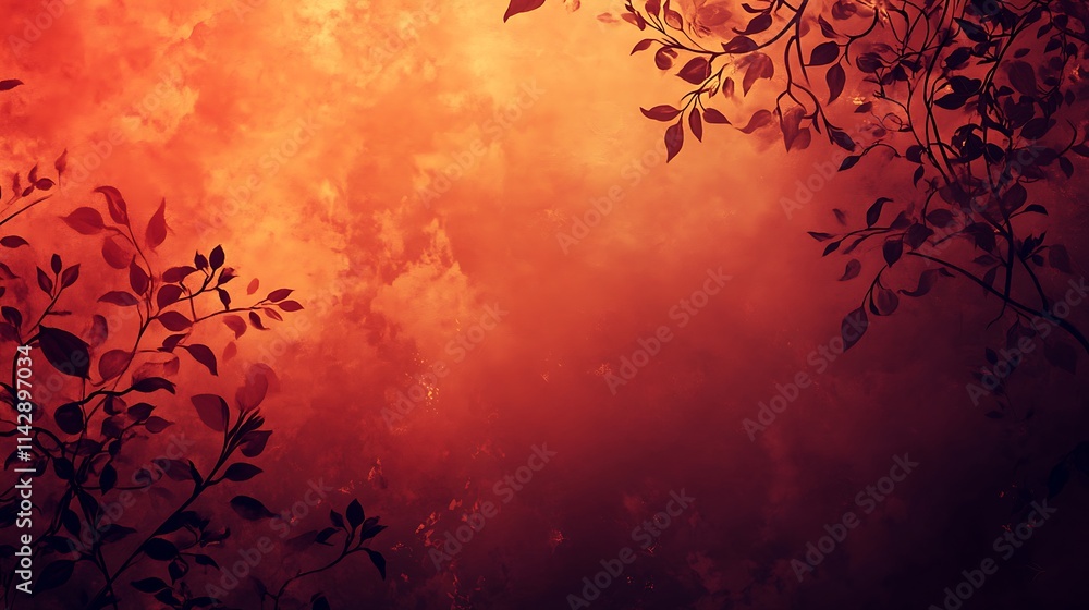Dark Silhouettes Of Leaves Against A Fiery Orange Sky Dark Silhouettes Of Leaves Against A Fiery Orange Sky