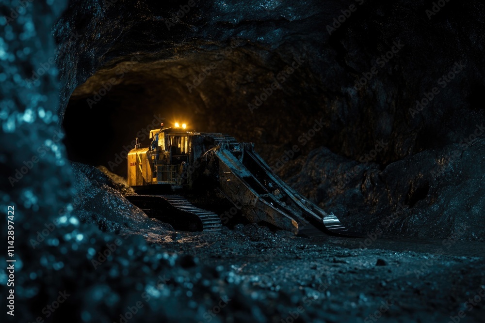A bulldozer parked in a dark cave, ideal for use in images of construction, machinery, and industrial settings A bulldozer parked in a dark cave, ideal for use in images of construction, machinery, and industrial settings