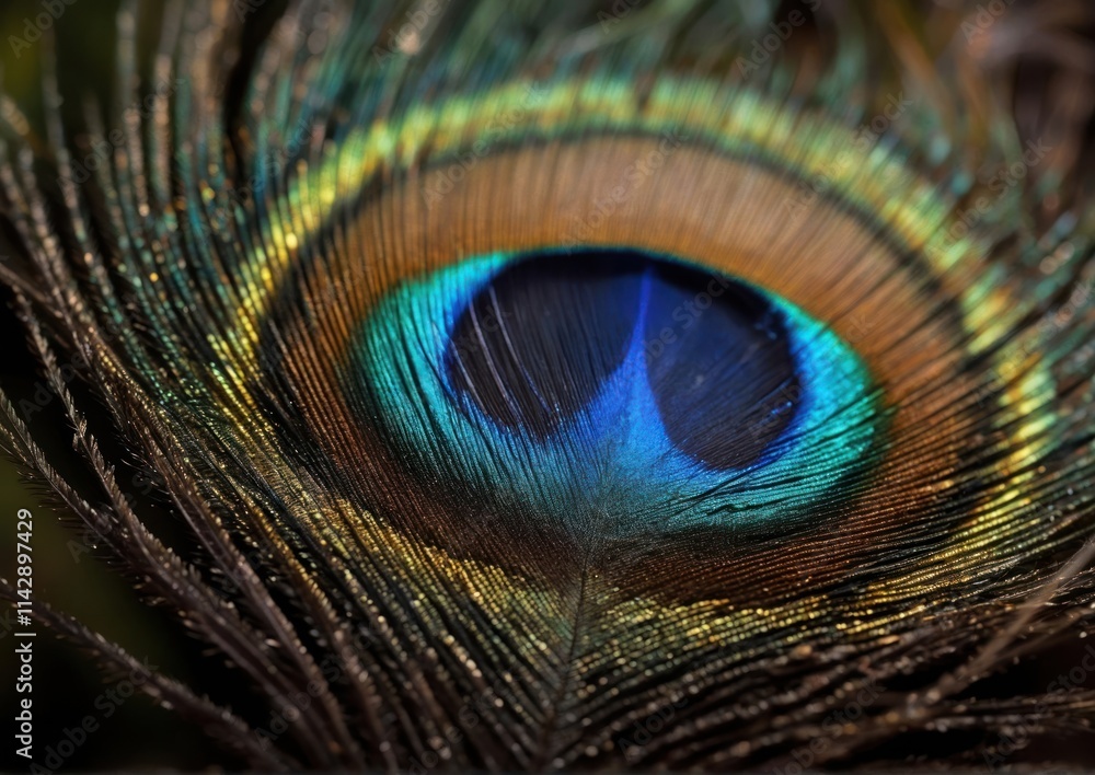 Naklejka premium Macro Peacock Iridescent Eye on Dark Background. High-Detail Photography for Art and Nature Design. Educational and Scientific Use