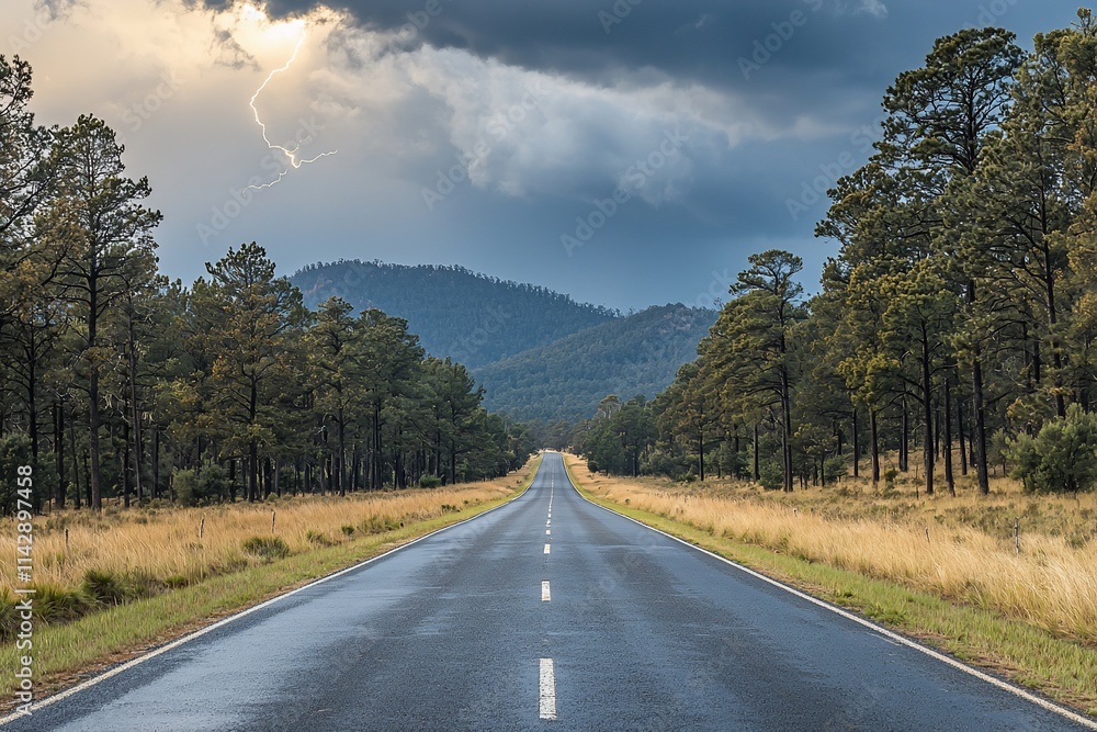 Scenic highway through forest with stormy sky. Scenic highway through forest with stormy sky.