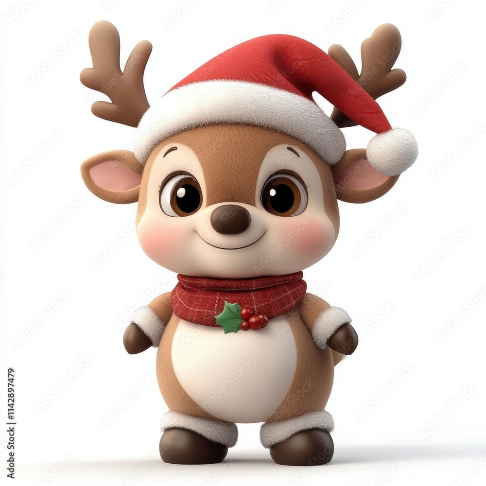 Cheerful cartoon reindeer wearing a festive hat and scarf, perfect for holiday-themed designs, greeting cards, children's products, or festive decorations, This image conveys warmth and joy, Cheerful cartoon reindeer wearing a festive hat and scarf, perfect for holiday-themed designs, greeting cards, children's products, or festive decorations, This image conveys warmth and joy,