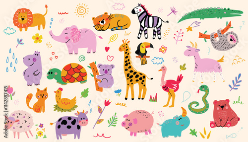 Abstract doodles. Baby animals pattern. Fabric pattern. Vector illustration with cute animals.