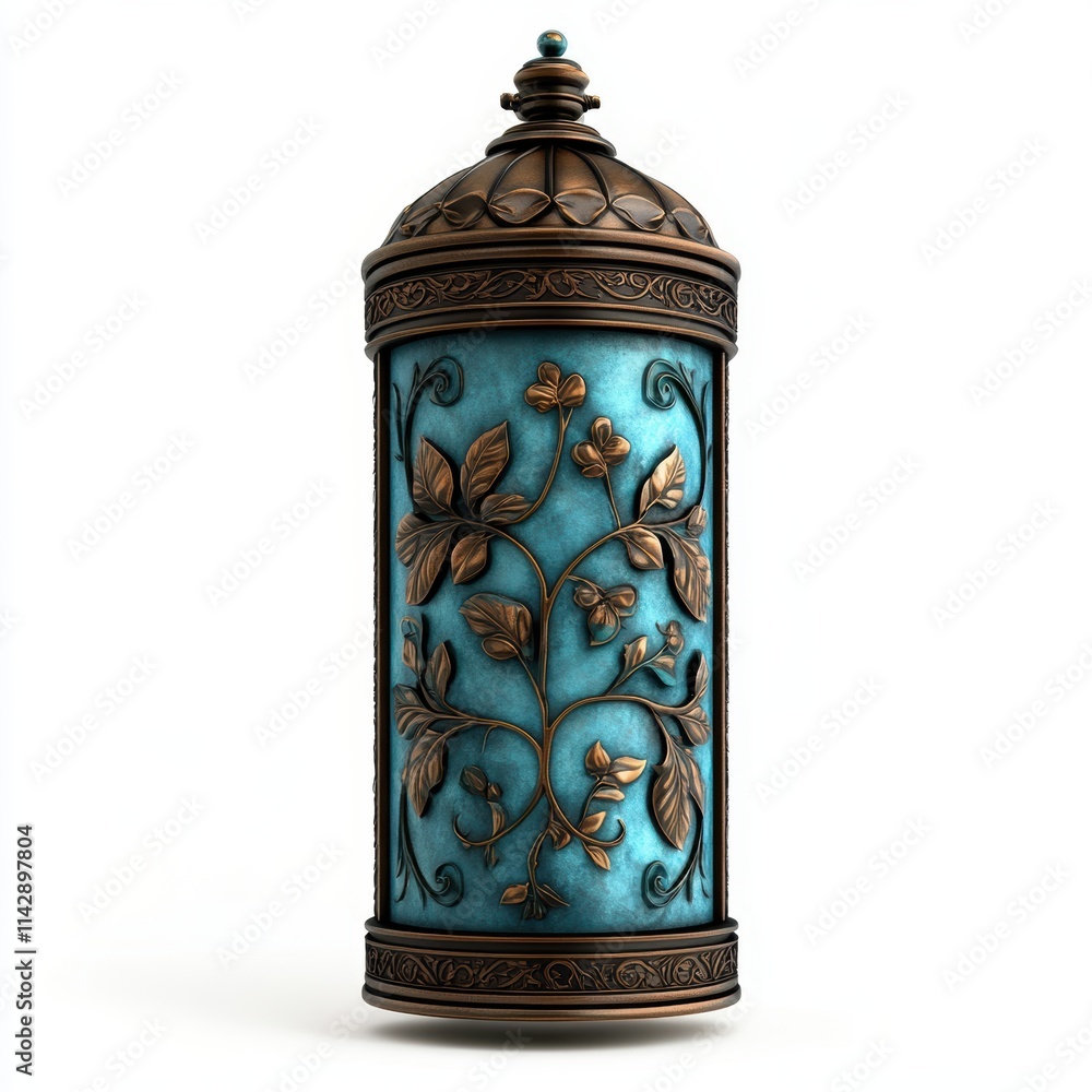 An ornate cylindrical container features intricate floral designs in a turquoise and bronze finish, ideal for home decor, product packaging, or vintage-themed projects, An ornate cylindrical container features intricate floral designs in a turquoise and bronze finish, ideal for home decor, product packaging, or vintage-themed projects,