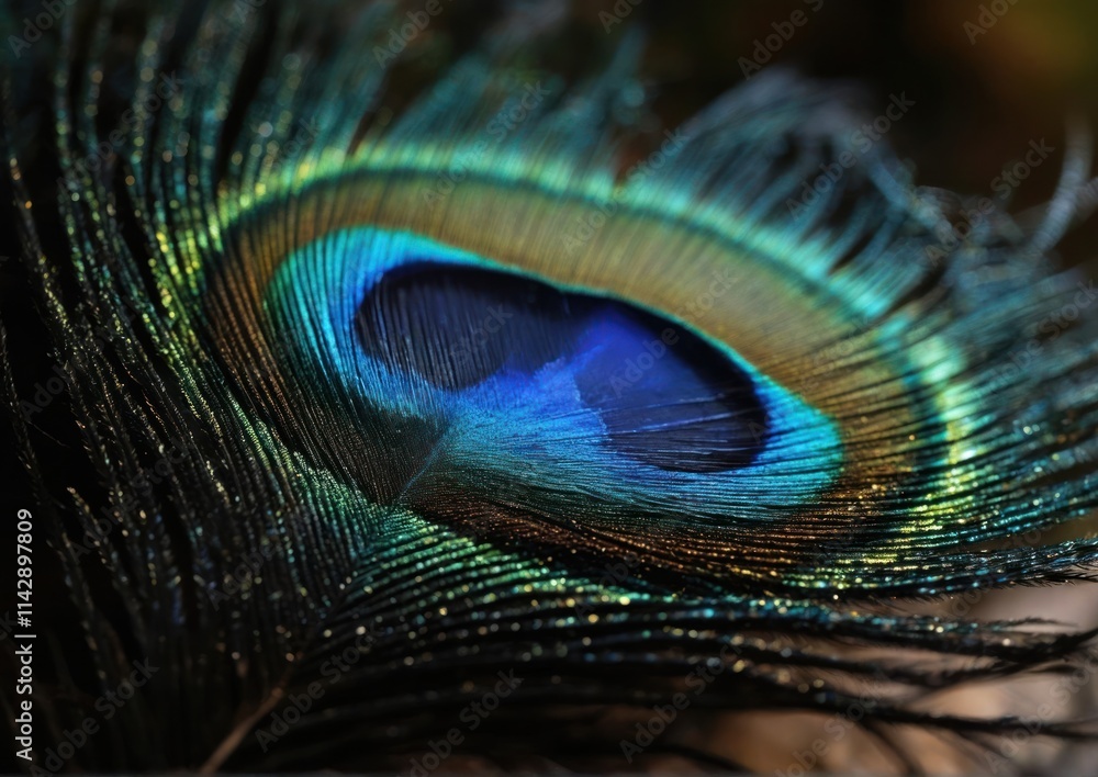Naklejka premium Macro Peacock Iridescent Eye on Dark Background. High-Detail Photography for Art and Nature Design. Educational and Scientific Use