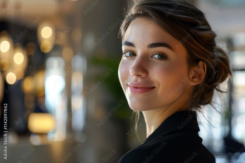 Generative AI Image of Smiling Female Receptionist at Hotel Lobby Desk Generative AI Image of Smiling Female Receptionist at Hotel Lobby Desk