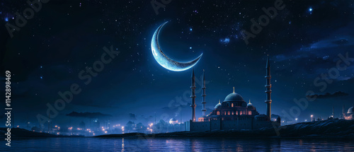 Crescent moon illuminating a tranquil mosque under a starry night sky for a Ramadan Kareem celebration photo