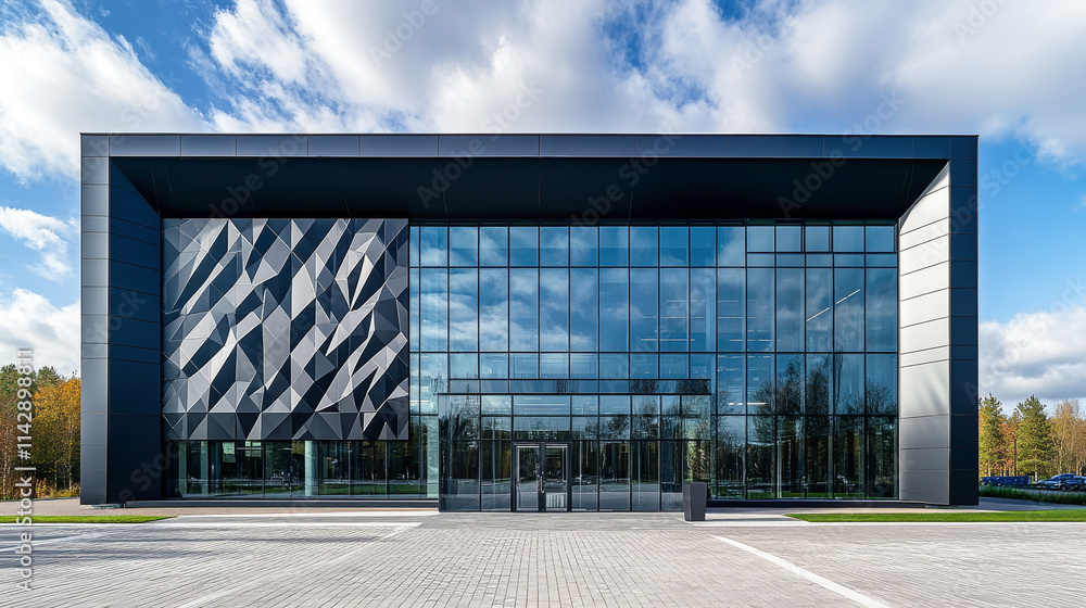 Modern office building features stunning geometric facade and inviting outdoor courtyard under a clear blue sky Modern office building features stunning geometric facade and inviting outdoor courtyard under a clear blue sky