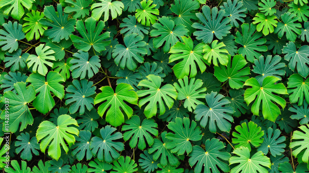 Lush green tropical foliage with dense leaf pattern in natural setting Lush green tropical foliage with dense leaf pattern in natural setting