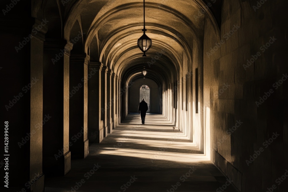 A person is walking down a long hallway, suitable for interior design or architecture projects A person is walking down a long hallway, suitable for interior design or architecture projects