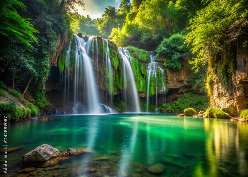 Fototapeta premium Serene Waterfall, Lush Green Cliffs, Crystal Clear Pools - Low Light Photography