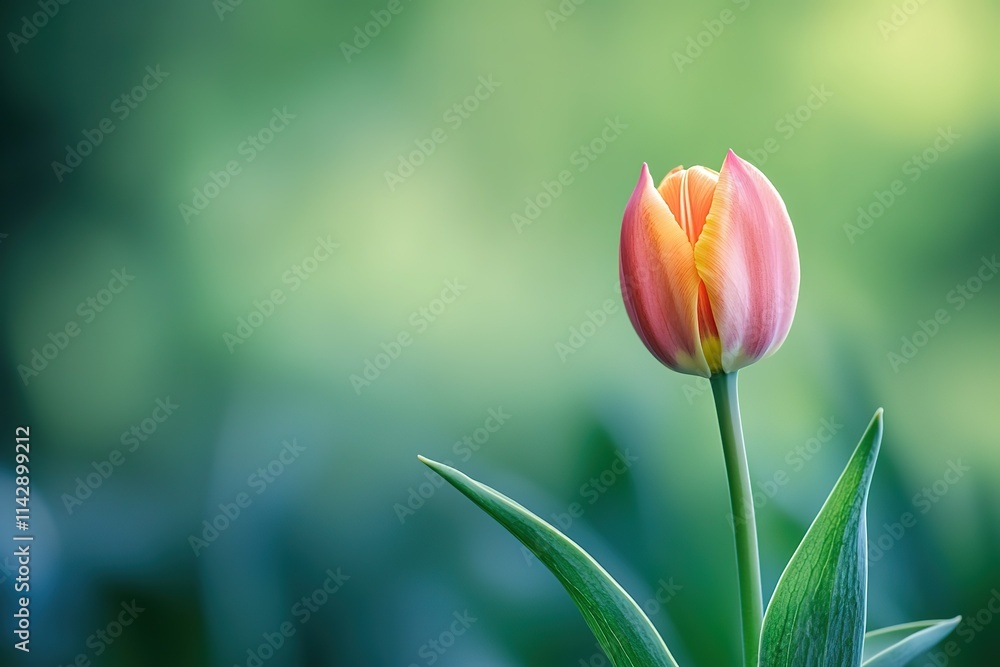 A single pink flower with a yellow center is standing in a green field A single pink flower with a yellow center is standing in a green field