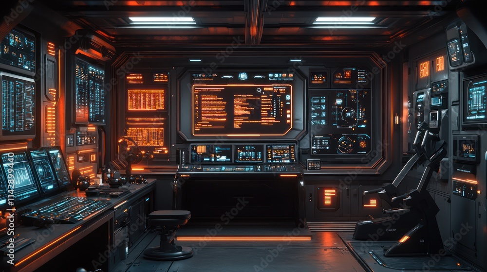 Futuristic spaceship control room interior with glowing monitors and consoles. Futuristic spaceship control room interior with glowing monitors and consoles.