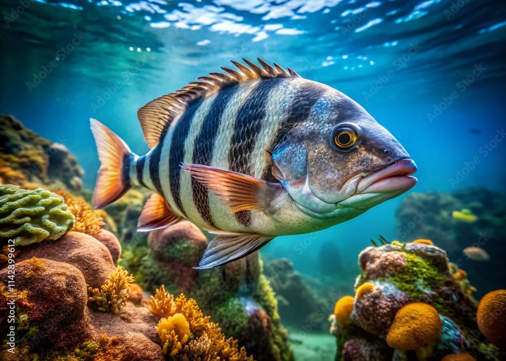 Obraz premium Sheepshead Fish: Underwater Documentary Photography, Coastal Wildlife, Florida Fish, Saltwater Fish Portrait, Marine Life Close-Up