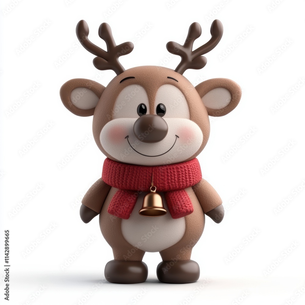 Naklejka premium A cute cartoon reindeer with a red scarf and a bell, perfect for holiday-themed projects, children's books, or festive promotions, bringing joy and charm to any creative use,