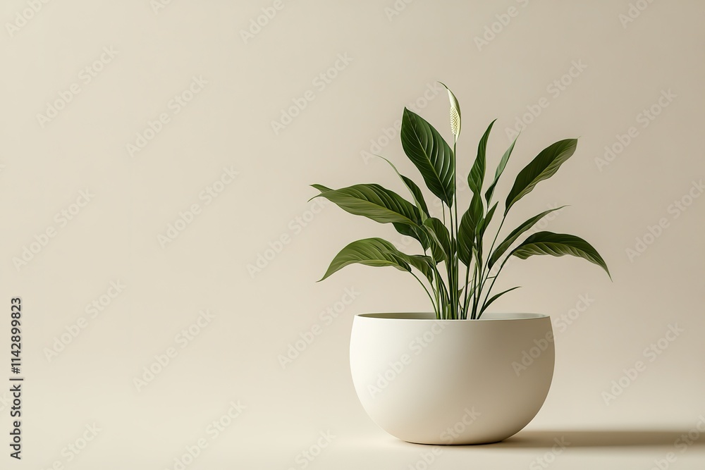 A white flower pot with a plant in it sits on a white background A white flower pot with a plant in it sits on a white background