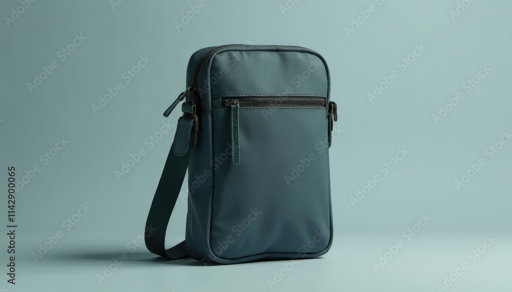 Naklejka premium Crossbody Bag Mockup. Stylish blue messenger bag on light background with copy space