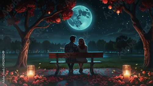 Valentine's Day, a couple sitting on a park bench under a tree at night with a full moon and stars. seamless looping 4k video background animation