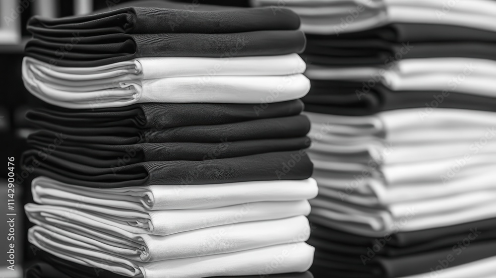 neatly folded stack of black and white t-shirts displayed in an attractive mockup, emphasizing the fabric's texture and ideal for showcasing unique designs creatively neatly folded stack of black and white t-shirts displayed in an attractive mockup, emphasizing the fabric's texture and ideal for showcasing unique designs creatively