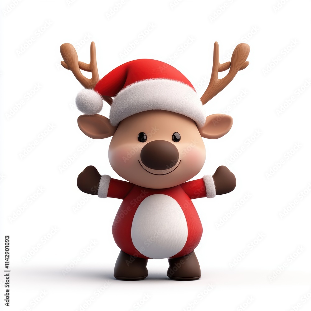 A cheerful cartoon reindeer wearing a Santa hat and festive outfit, perfect for holiday-themed designs, children's products, or seasonal marketing materials showcasing festive spirit, A cheerful cartoon reindeer wearing a Santa hat and festive outfit, perfect for holiday-themed designs, children's products, or seasonal marketing materials showcasing festive spirit,