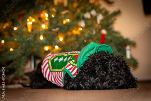 Tired dog in elf costume with Christmas tree