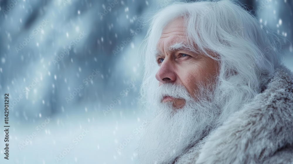 nordic elder with striking white hair and beard, set against a soft-focus snowy landscape, embodying wisdom and serenity nordic elder with striking white hair and beard, set against a soft-focus snowy landscape, embodying wisdom and serenity