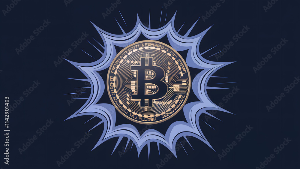 Digital Illustration of a Large Bitcoin Coin Surrounded by Radiant Blue Energy Burst Digital Illustration of a Large Bitcoin Coin Surrounded by Radiant Blue Energy Burst